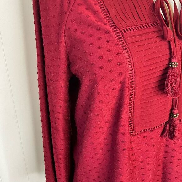Daniel Rainn Womens Medium Jaymes Tassel Tie Neck Top Burgundy Dot Pattern NWT - Picture 3 of 16